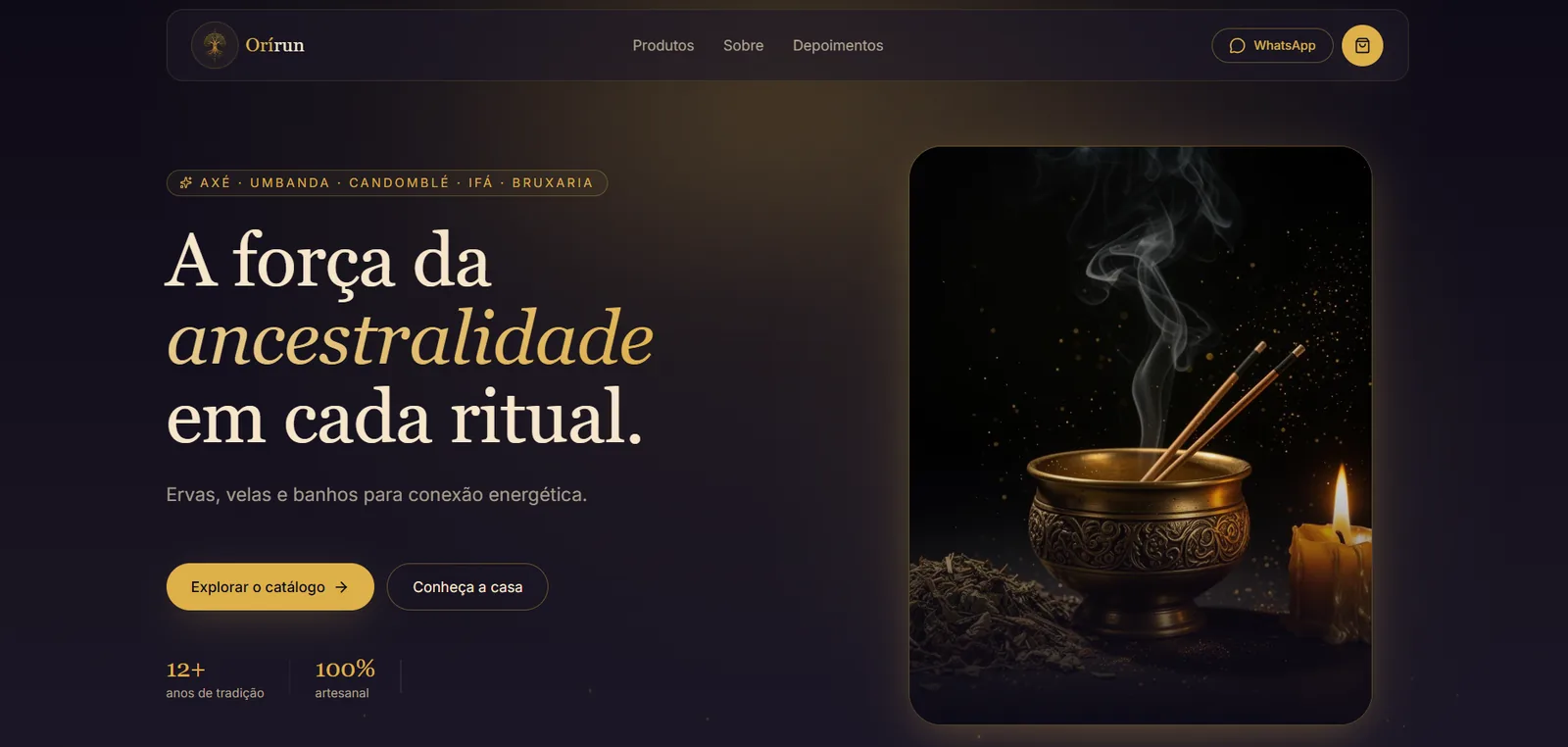 Página inicial da Orirun: título “A força da ancestralidade em cada ritual” ao lado da foto de um incensário dourado.