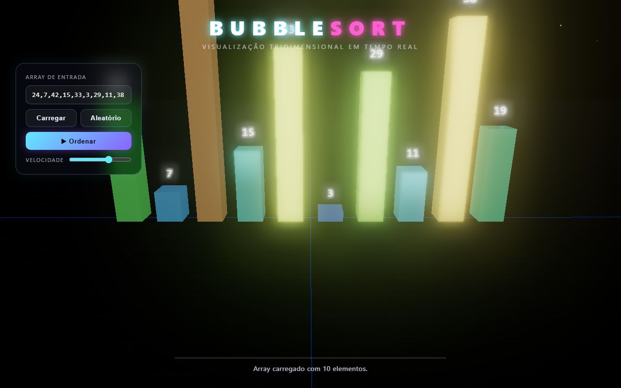 Captura de tela do visualizador de Bubble Sort 3D em funcionamento