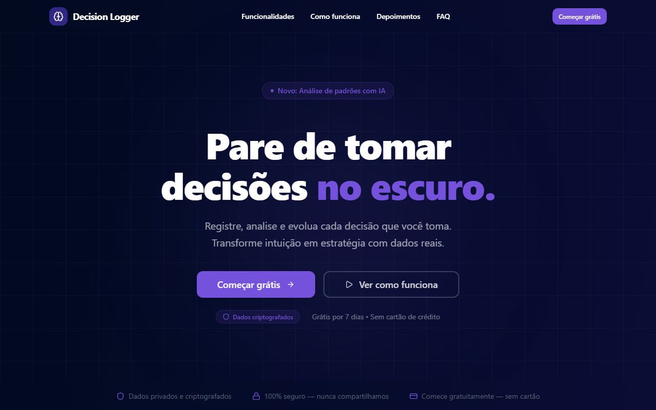 Captura de tela da página inicial do Decision Logger