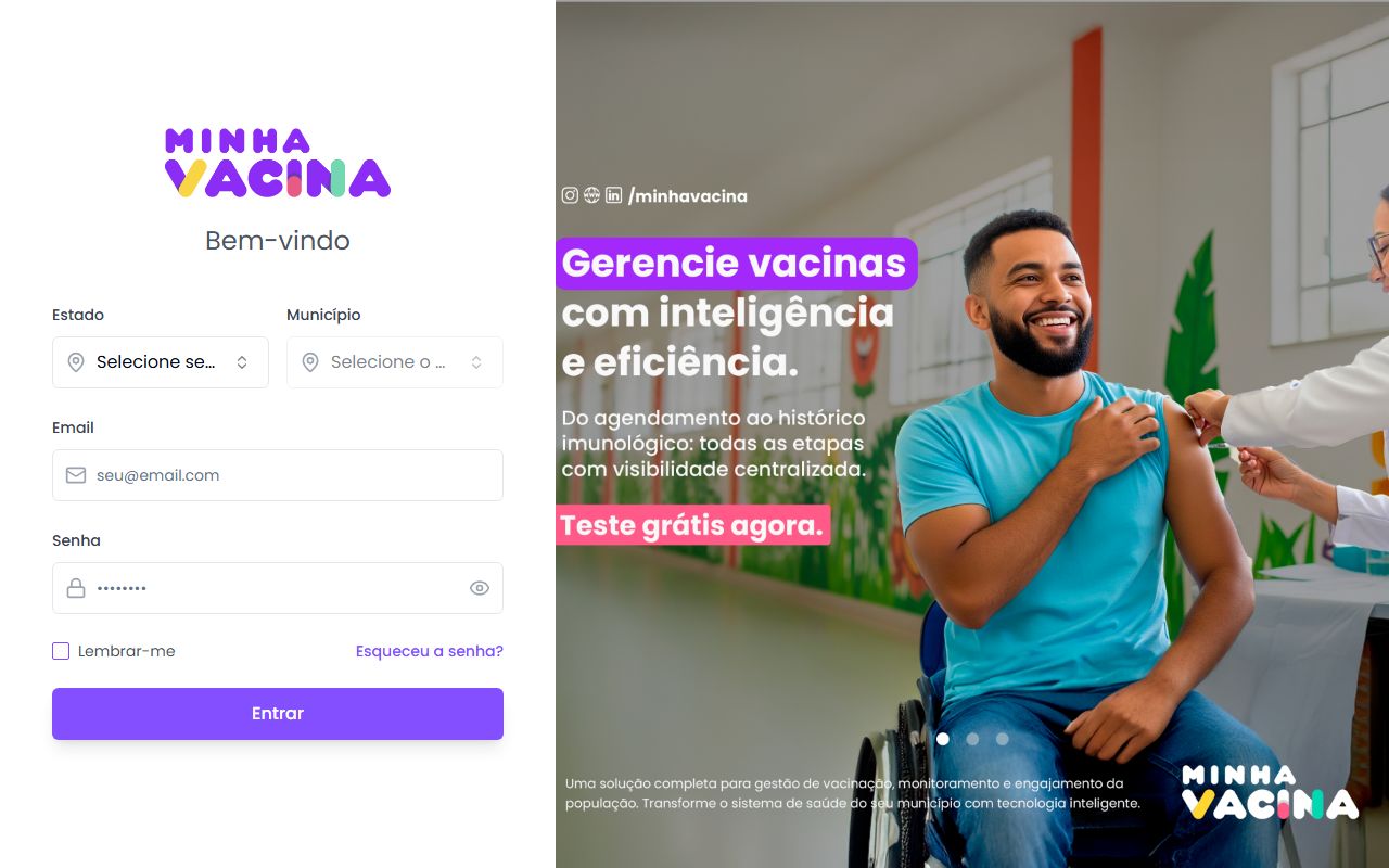 Captura de tela da tela de login do Minha Vacina